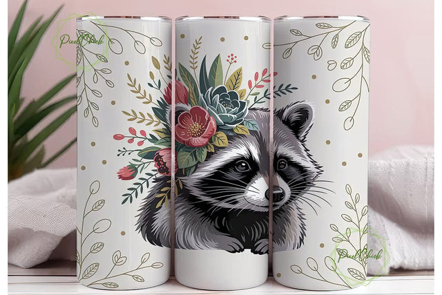 Raccoon Floral Tumbler Wrap PNG Sublimation PixelChick 