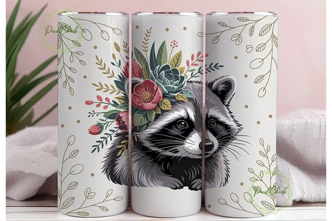 Raccoon Floral Tumbler Wrap PNG Sublimation PixelChick 