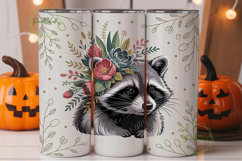 Raccoon Floral Tumbler Wrap PNG Sublimation PixelChick 