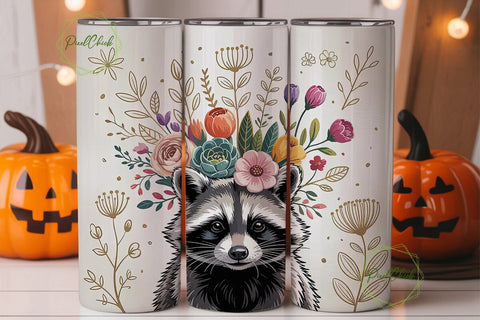 Raccoon Floral Tumbler Wrap PNG Sublimation PixelChick 