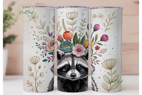 Raccoon Floral Tumbler Wrap PNG Sublimation PixelChick 