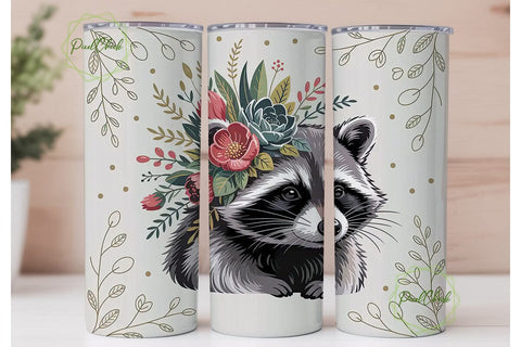 Raccoon Floral Tumbler Wrap PNG Sublimation PixelChick 