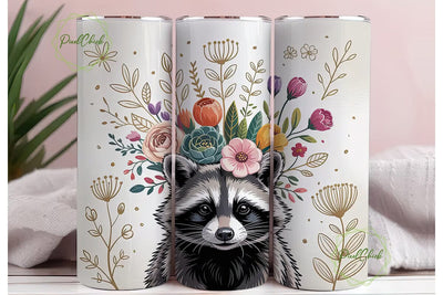 Raccoon Floral Tumbler Wrap PNG Sublimation PixelChick 