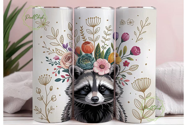 Raccoon Floral Tumbler Wrap PNG Sublimation PixelChick 