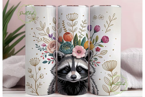 Raccoon Floral Tumbler Wrap PNG Sublimation PixelChick 