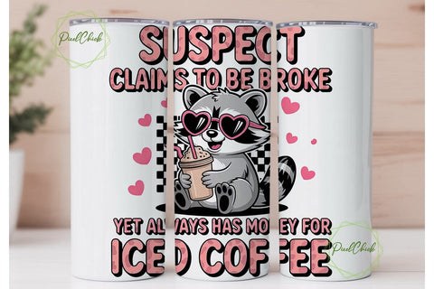 Raccoon Iced Coffee 20oz Tumbler Wrap Sublimation PixelChick 