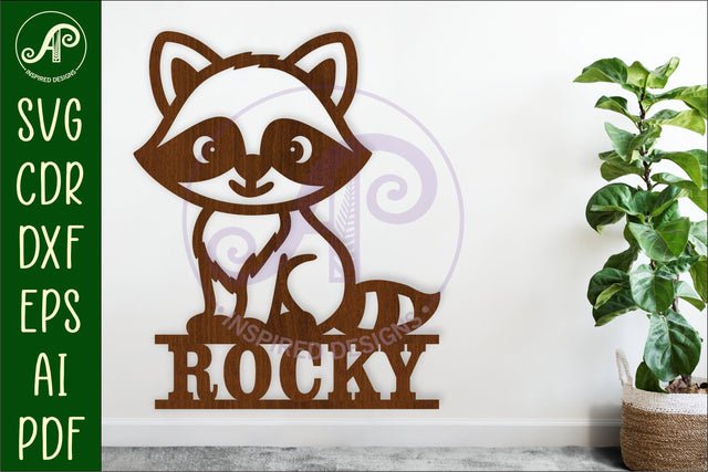 Raccoon personalized name sign laser cut woodland theme SVG APInspireddesigns 