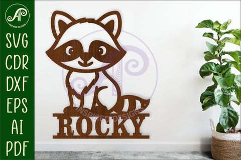 Raccoon personalized name sign laser cut woodland theme SVG APInspireddesigns 