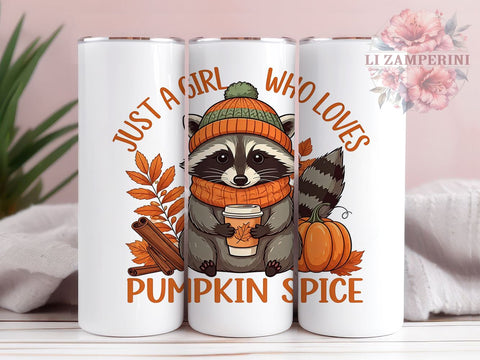 Raccoon Pumpkin Spice Tumbler, Fall Tumbler Wrap, Pumpkin Spice Lover, Sublimation Design 20oz, Cute Raccoon Art, Just a Girl Design, Autumn Drinkware Sublimation Li Zamperini 