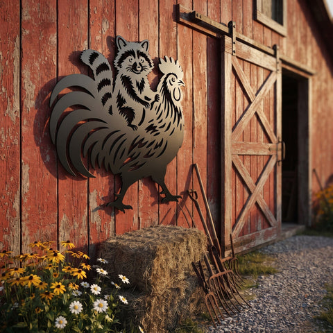 Raccoon Riding Rooster Laser SVG | Funny Farm Animal Metal Wall Art DXF | Plasma CNC Laser Cut File | Rustic Farmhouse Decor SVG HappyDesignStudio 