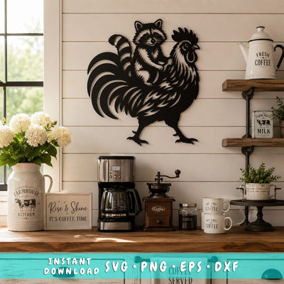 Raccoon Riding Rooster Laser SVG | Funny Farm Animal Metal Wall Art DXF | Plasma CNC Laser Cut File | Rustic Farmhouse Decor SVG HappyDesignStudio 
