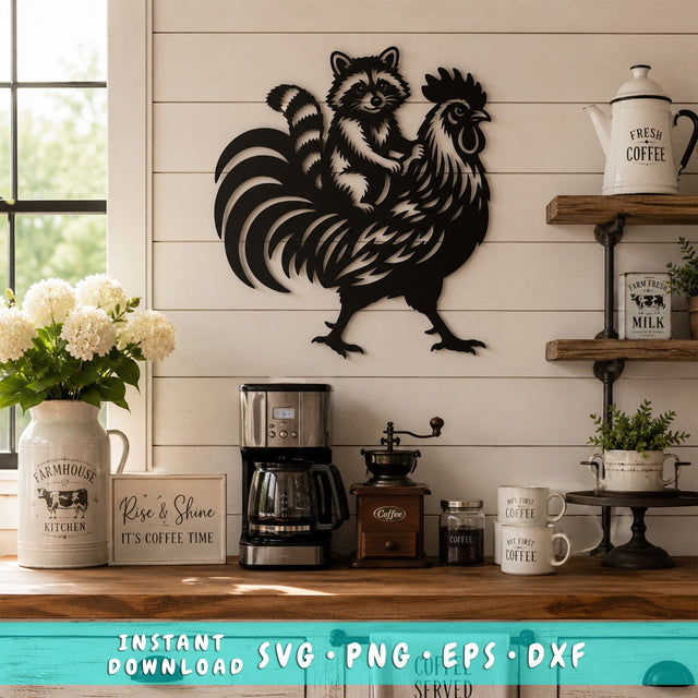 Raccoon Riding Rooster Laser SVG | Funny Farm Animal Metal Wall Art DXF | Plasma CNC Laser Cut File | Rustic Farmhouse Decor SVG HappyDesignStudio 