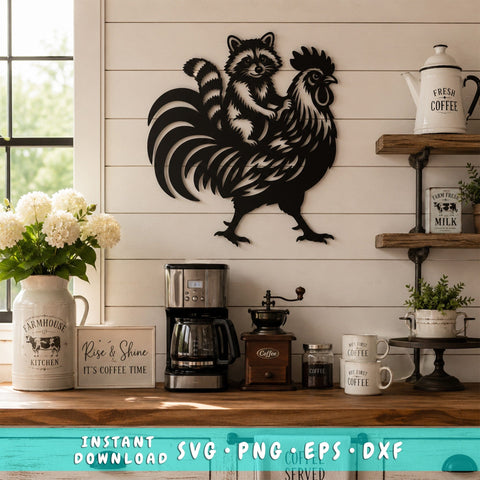Raccoon Riding Rooster Laser SVG | Funny Farm Animal Metal Wall Art DXF | Plasma CNC Laser Cut File | Rustic Farmhouse Decor SVG HappyDesignStudio 