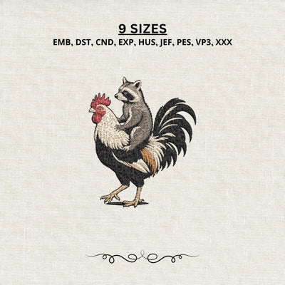 Raccoon Riding Rooster Machine Embroidery Design PES DST Stitch Files Embroidery/Applique DESIGNS PatternFeed8 