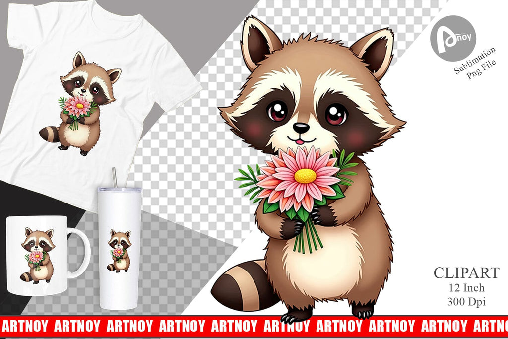 Raccoon Spring Bouquet Clipart - So Fontsy