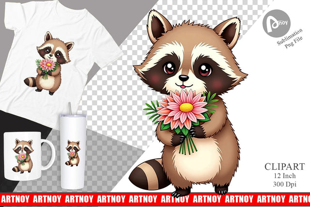 Raccoon Spring Bouquet Clipart Sublimation artnoy 