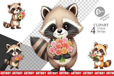 Raccoon Spring Bouquet Clipart Sublimation artnoy 