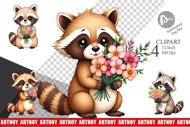 Raccoon Spring Bouquet Clipart Sublimation artnoy 