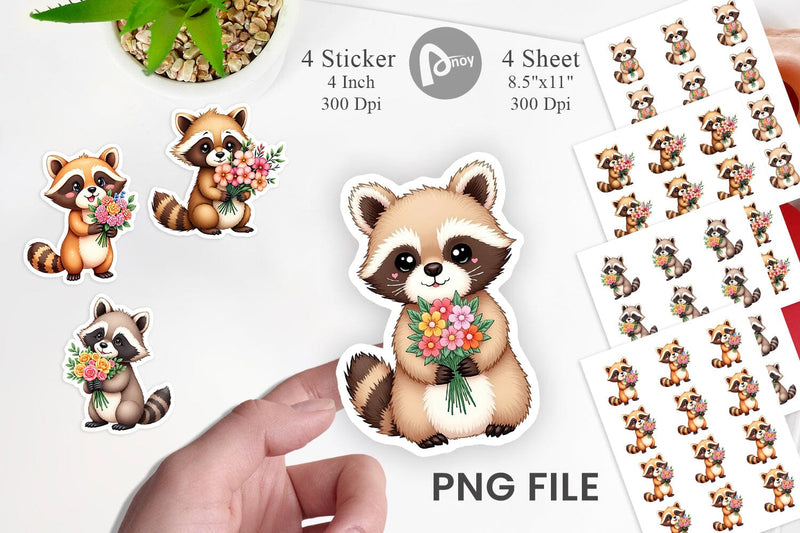 Raccoon Spring Bouquet Sticker Sublimation artnoy 