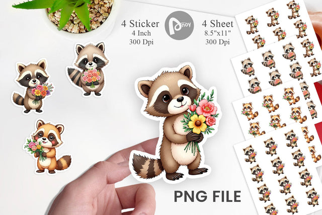 Raccoon Spring Bouquet Sticker Sublimation artnoy 