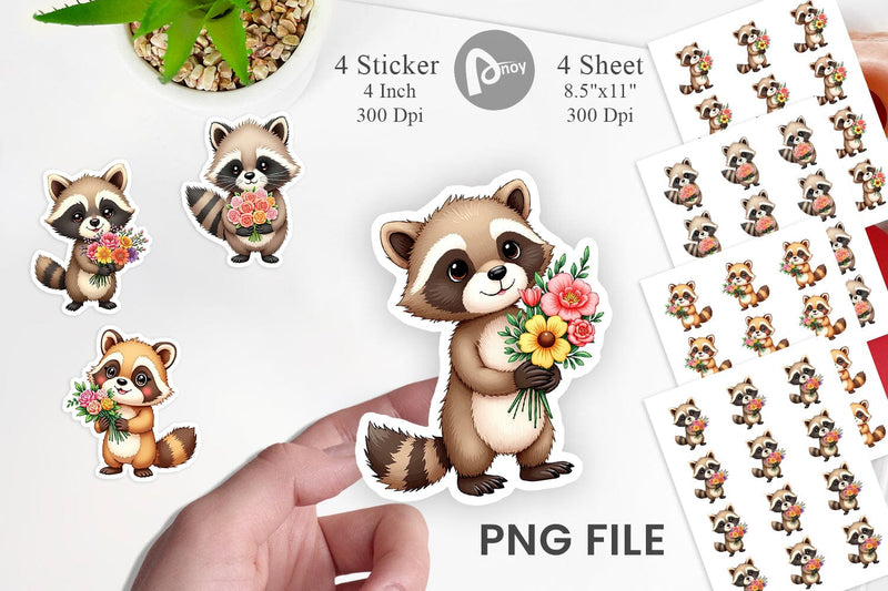 Raccoon Spring Bouquet Sticker Sublimation artnoy 