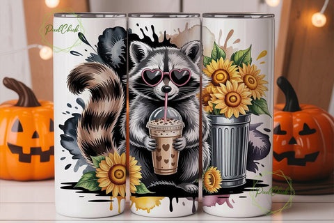 Raccoon Sunflower Coffee 20oz Tumbler Sublimation PixelChick 
