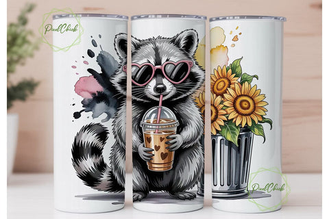 Raccoon Sunflower Coffee 20oz Tumbler Sublimation PixelChick 