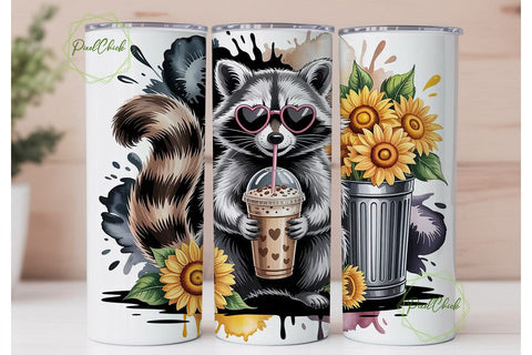 Raccoon Sunflower Coffee 20oz Tumbler Sublimation PixelChick 