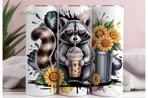 Raccoon Sunflower Coffee 20oz Tumbler Sublimation PixelChick 