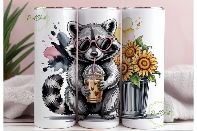 Raccoon Sunflower Coffee 20oz Tumbler Sublimation PixelChick 