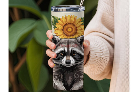 Raccoon & Sunflowers 20oz Tumbler Wrap Sublimation DesignSVG 