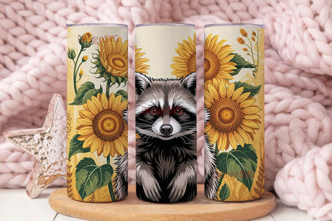 Raccoon & Sunflowers 20oz Tumbler Wrap Sublimation DesignSVG 