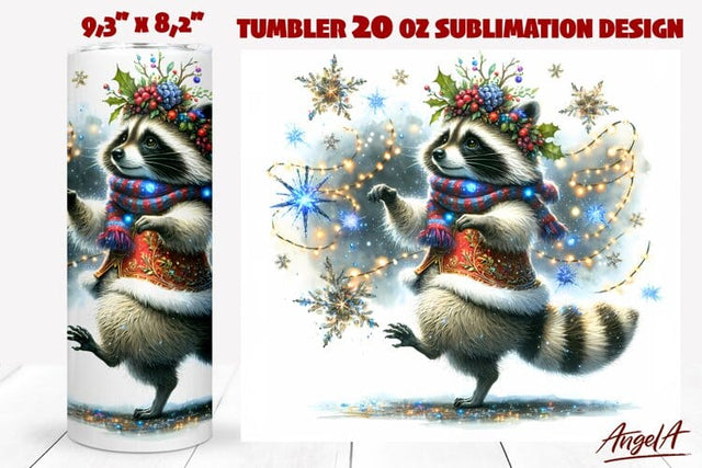 Raccoon tumbler PNG, Christmas tumbler wrap, dancing animal Sublimation Angelina Semenova 