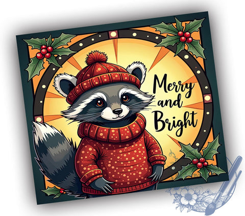 Raccoon Tumbler Wrap, Merry and Bright, 20oz Tumbler, Sublimation Design, Holiday Drinkware, Cute Raccoon Gift, Festive Tumbler Wrap Sublimation ToriDesigns 