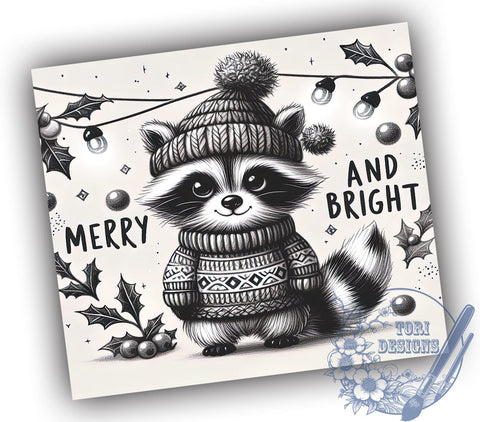 Raccoon Tumbler Wrap, Merry and Bright, 20oz Tumbler, Sublimation Design, Holiday Drinkware, Cute Raccoon Gift, Festive Tumbler Wrap Sublimation ToriDesigns 