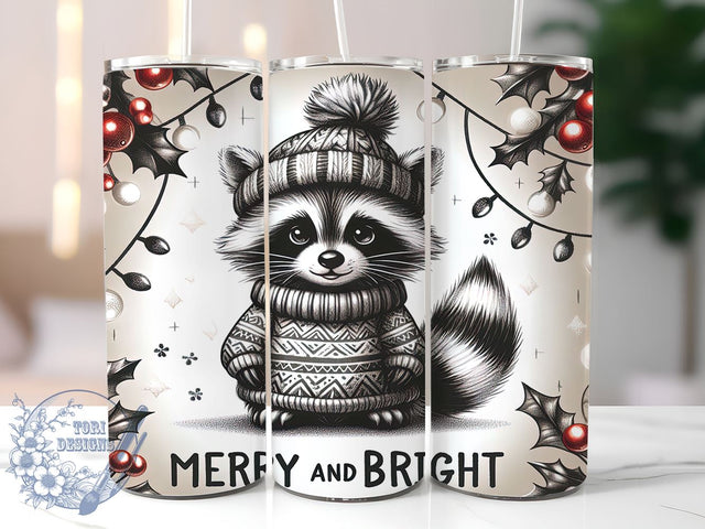 Raccoon Tumbler Wrap, Merry and Bright, 20oz Tumbler, Sublimation Design, Holiday Drinkware, Cute Raccoon Gift, Festive Tumbler Wrap Sublimation ToriDesigns 