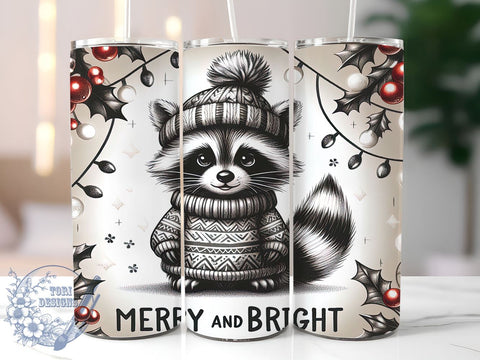 Raccoon Tumbler Wrap, Merry and Bright, 20oz Tumbler, Sublimation Design, Holiday Drinkware, Cute Raccoon Gift, Festive Tumbler Wrap Sublimation ToriDesigns 