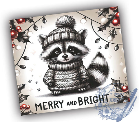 Raccoon Tumbler Wrap, Merry and Bright, 20oz Tumbler, Sublimation Design, Holiday Drinkware, Cute Raccoon Gift, Festive Tumbler Wrap Sublimation ToriDesigns 