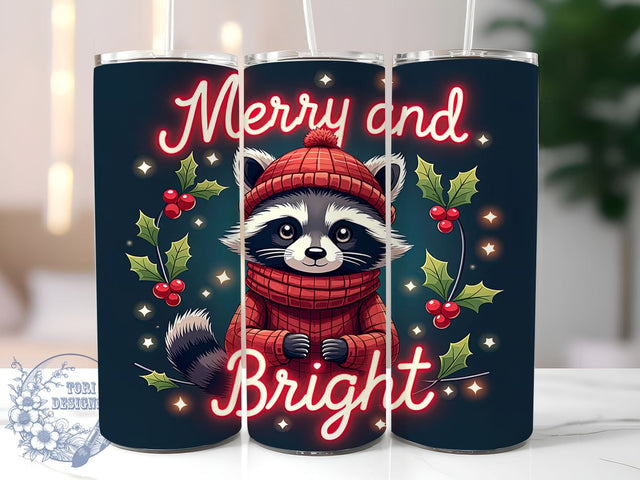 Raccoon Tumbler Wrap, Merry and Bright, 20oz Tumbler, Sublimation Design, Holiday Drinkware, Cute Raccoon Gift, Festive Tumbler Wrap Sublimation ToriDesigns 