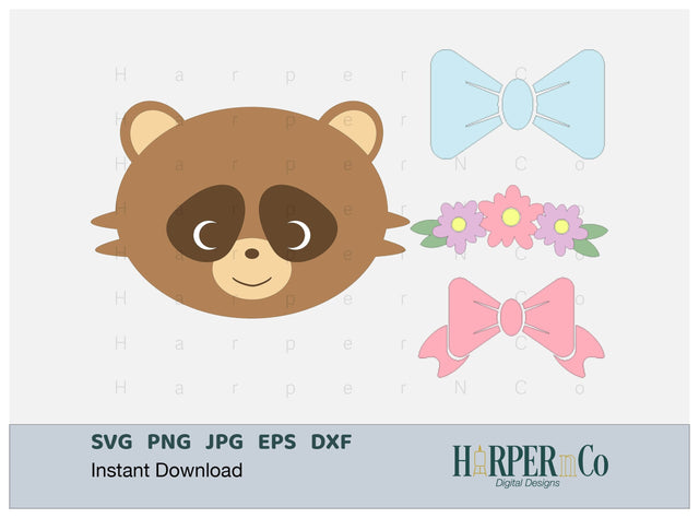Raccoon with Bows and Flowers SVG PNG Cut EPS File SVG HarperNCo 