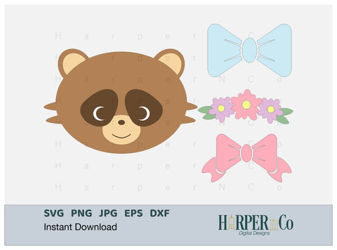 Raccoon with Bows and Flowers SVG PNG Cut EPS File SVG HarperNCo 