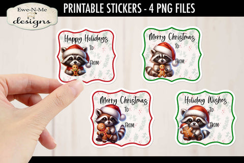 Raccoons and Gingerbread Printable Gift Tag Stickers | 4 PNG Files Sublimation Ewe-N-Me Designs 