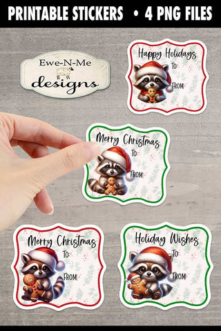 Raccoons and Gingerbread Printable Gift Tag Stickers | 4 PNG Files Sublimation Ewe-N-Me Designs 