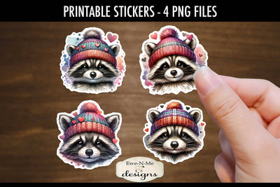 Raccoons In Hats with Hearts Printable Valentine Stickers | 4 PNG Stickers Sublimation Ewe-N-Me Designs 