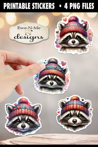 Raccoons In Hats with Hearts Printable Valentine Stickers | 4 PNG Stickers Sublimation Ewe-N-Me Designs 