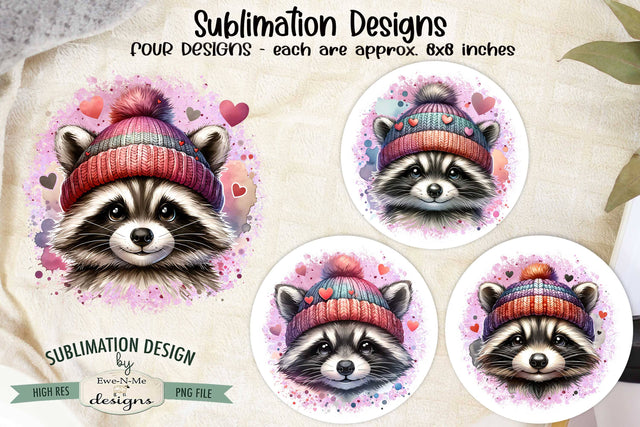Raccoons in Knit Hats Sublimation Designs | Valentine PNG Sublimation Ewe-N-Me Designs 