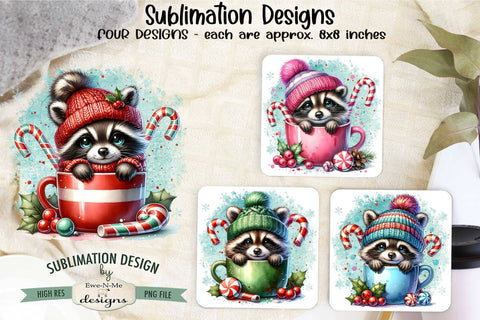 Raccoons in Mugs Sublimation Designs | Christmas PNG Sublimation Ewe-N-Me Designs 