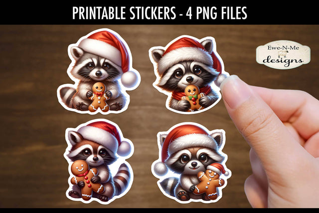 Raccoons with Gingerbread Printable Stickers | 4 PNG Stickers Sublimation Ewe-N-Me Designs 