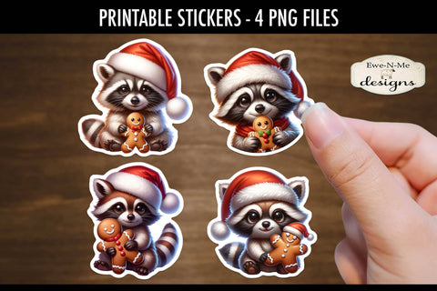 Raccoons with Gingerbread Printable Stickers | 4 PNG Stickers Sublimation Ewe-N-Me Designs 