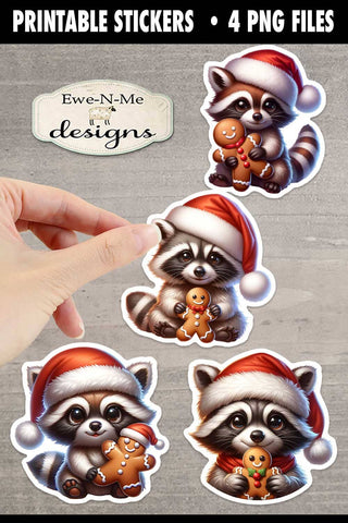 Raccoons with Gingerbread Printable Stickers | 4 PNG Stickers Sublimation Ewe-N-Me Designs 